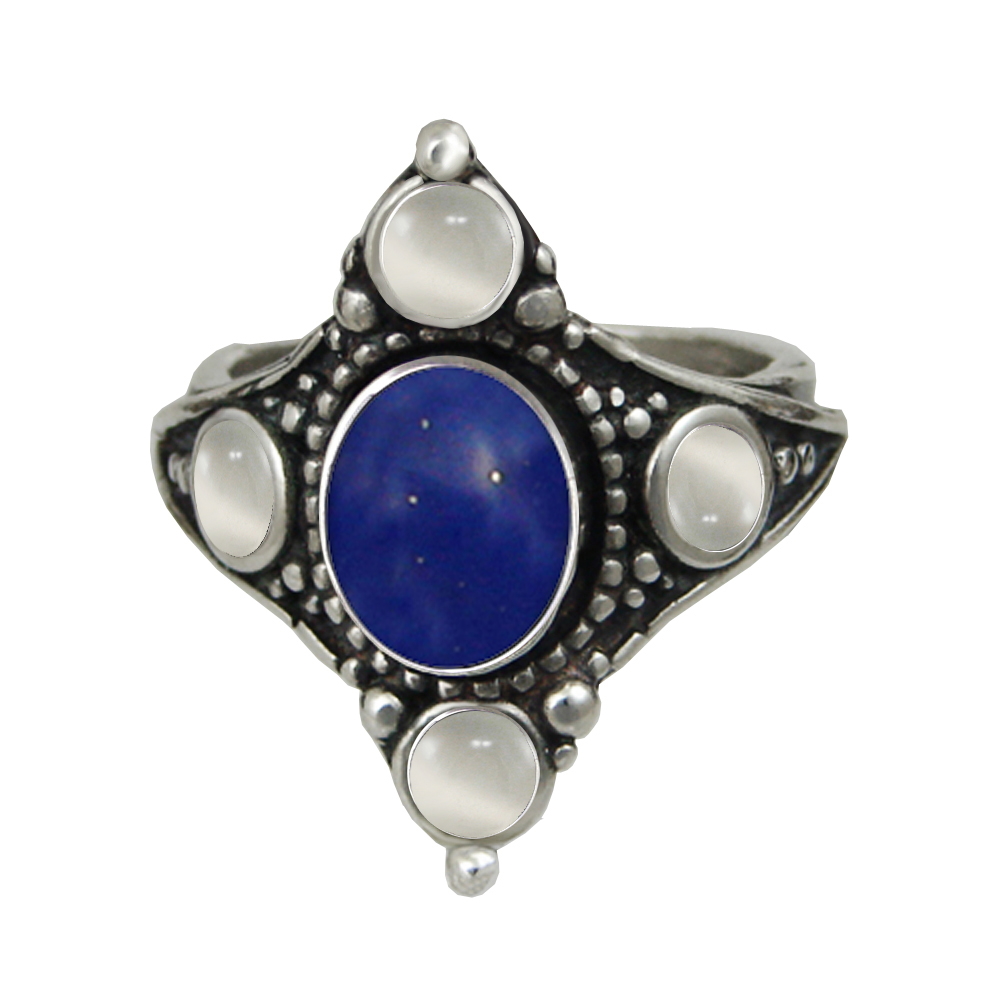 Sterling Silver Renaissance Queen's Ring With Lapis Lazuli And White Moonstone Size 10